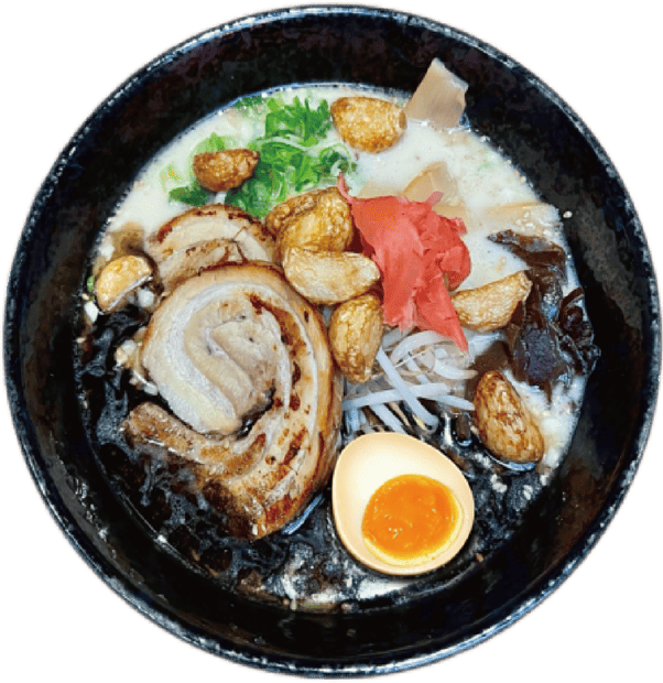 Black Garlic Tonkotsu Ramen with pork chashu, crispy garlic and lava egg
