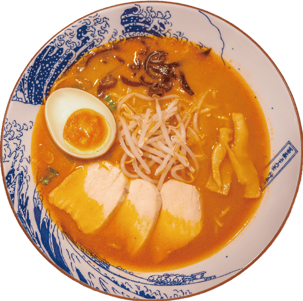 Spicy Miso Ramen with chashu, sesame and chilli in a Hokusai wave bowl